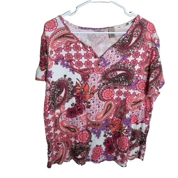 Fresh Blouse Women's Large V-Neck Paisley Short Sleeve Colorful Top Shirt - Picture 1 of 7